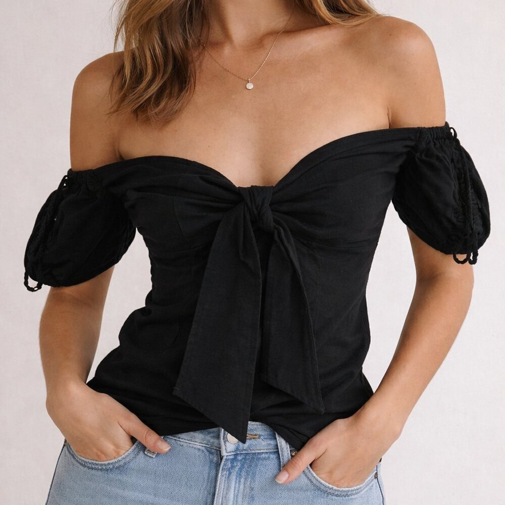 Maurie + Eve Black Off Shoulder Top Size 2 Tie Front Blouse Linen Cotton